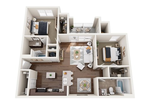 A top-down view of a small apartment layout with a kitchen, living room, and bathroom.